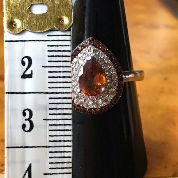 Natural Orange Garnet Sterling Silver Teardrop Ring Size 9 - Picture 5 of 9